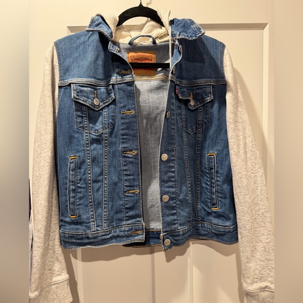 Levi's Blue Denim Jacket with sweatshirt sleeve detail and hood